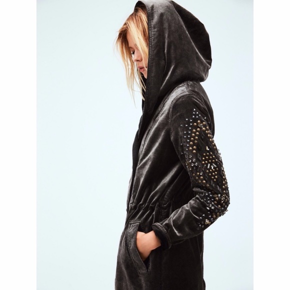 Free People Studded Velvet Hooded Parka Jacket